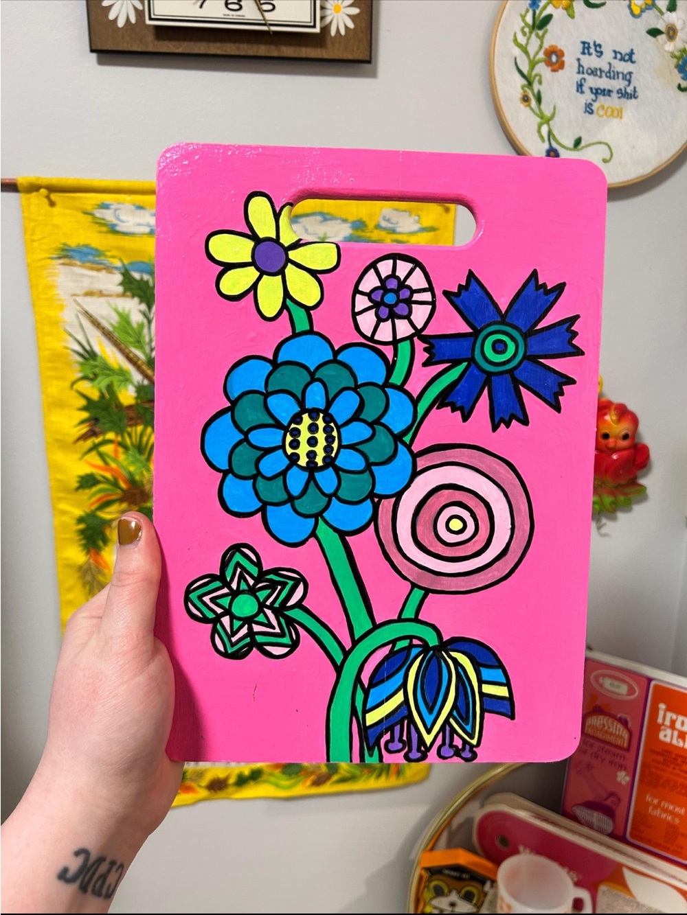 Vintage Inspired Painted Pink Flower Cutting Board Display Only